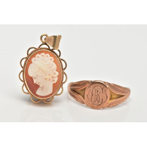 43 - A 9CT GOLD CAMEO PENDANT AND SIGNET RING, a shell cameo, depicting a lady in profile set in a rope a... 