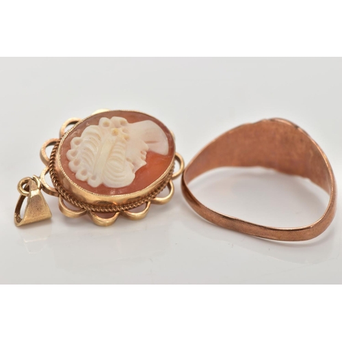 43 - A 9CT GOLD CAMEO PENDANT AND SIGNET RING, a shell cameo, depicting a lady in profile set in a rope a... 