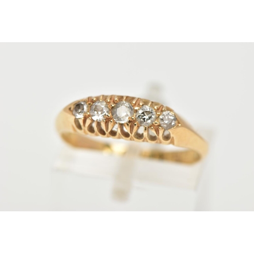 44 - AN EARLY 20TH CENTURY 18CT GOLD DIAMOND RING, set with five old cut graduated diamonds, approximate ... 