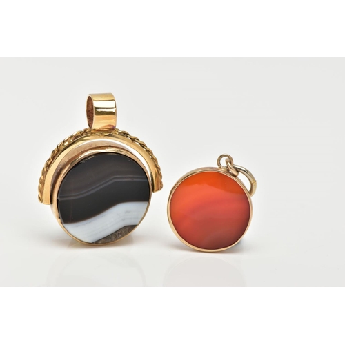 45 - TWO GEM SET PENDANTS, a yellow metal swivel fob set with bloodstone one side and banded agate on the... 