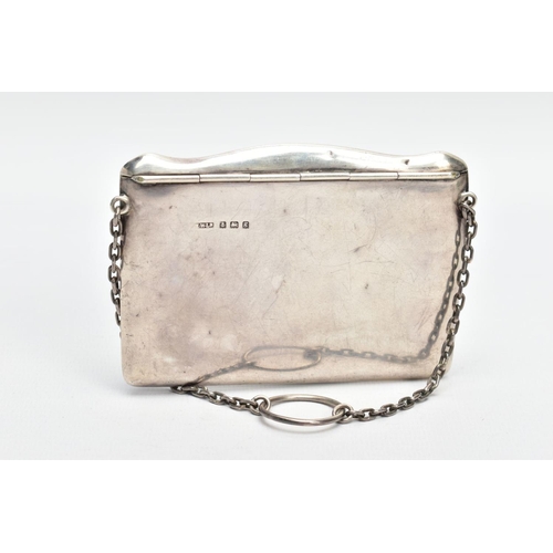 46 - AN EARLY 20TH CENTURY SILVER PURSE, a hard silver purse with a spring hinged fold, engraved with the... 