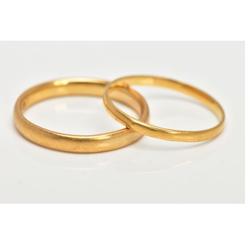 5 - TWO 22CT GOLD BAND RINGS, a soft courted band ring approximate width 3mm, approximate depth 1mm, rin... 