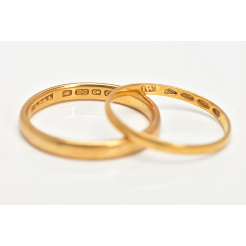 5 - TWO 22CT GOLD BAND RINGS, a soft courted band ring approximate width 3mm, approximate depth 1mm, rin... 