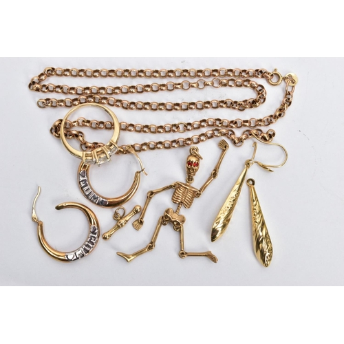 50 - AN ASSORTMENT OF 9CT GOLD AND YELLOW METAL JEWELLERY, a 9ct gold AF belcher chain, approximate lengt... 