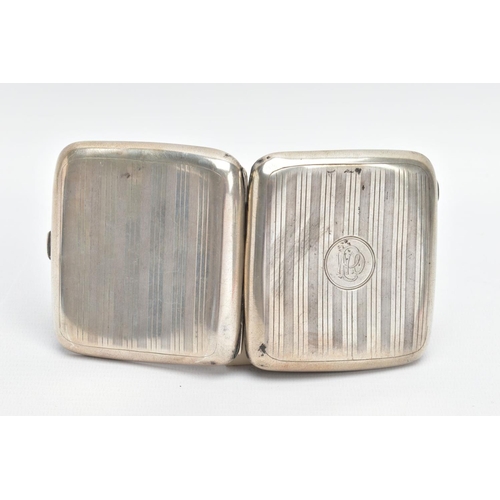 55 - A SILVER CIGARETTE CASE, of a rounded square form, engine turned design with engraved monogram, fitt... 