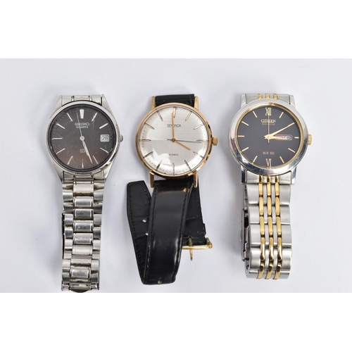 56 - THREE GENTLEMENS WRISTWATCHES, to include a 'Citizen Eco-Drive, WR 50', round black dial, Roman twel... 