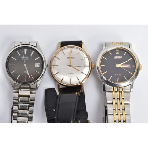 56 - THREE GENTLEMENS WRISTWATCHES, to include a 'Citizen Eco-Drive, WR 50', round black dial, Roman twel... 