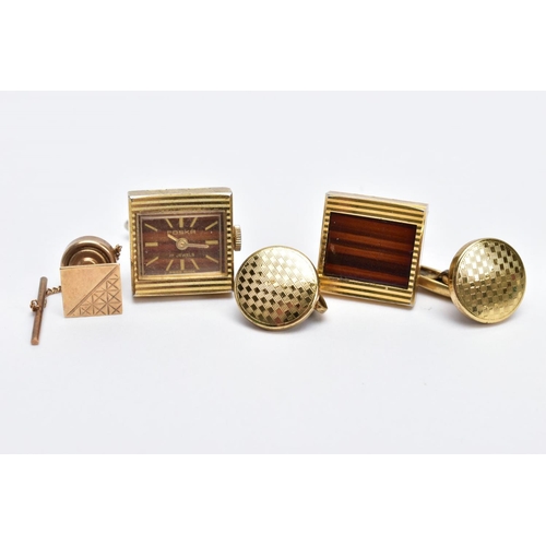 57 - A 9CT GOLD TIE PIN AND TWO PAIRS OF GOLD-PLATED CUFFLINKS, the tie pin of a square form, half with a... 