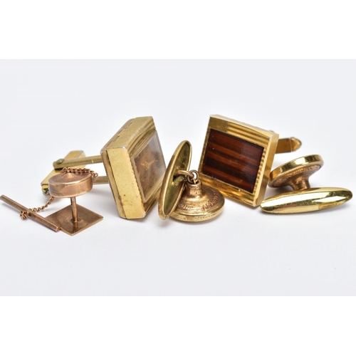 57 - A 9CT GOLD TIE PIN AND TWO PAIRS OF GOLD-PLATED CUFFLINKS, the tie pin of a square form, half with a... 