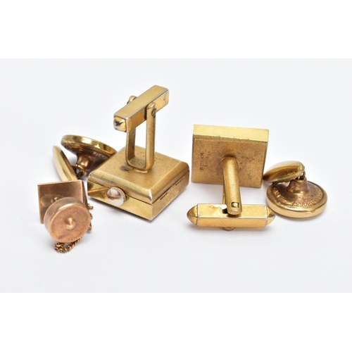 57 - A 9CT GOLD TIE PIN AND TWO PAIRS OF GOLD-PLATED CUFFLINKS, the tie pin of a square form, half with a... 