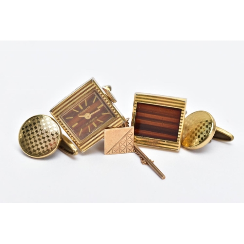 57 - A 9CT GOLD TIE PIN AND TWO PAIRS OF GOLD-PLATED CUFFLINKS, the tie pin of a square form, half with a... 