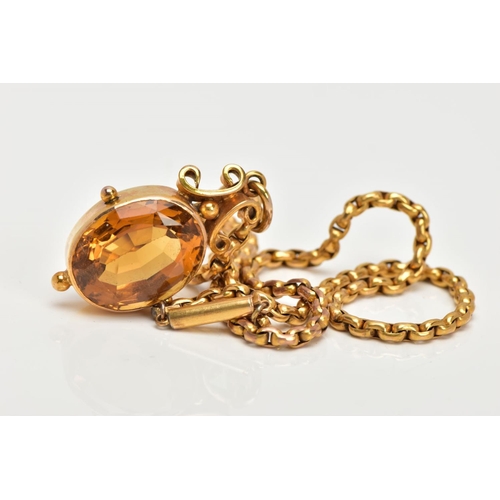 6 - AN EARLY 19TH CENTURY CHAIN AND CITRINE PENDANT, a belcher chain fitted with a push pin barrel clasp... 