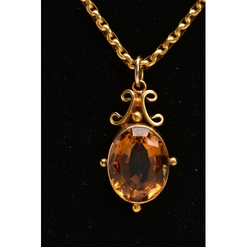 6 - AN EARLY 19TH CENTURY CHAIN AND CITRINE PENDANT, a belcher chain fitted with a push pin barrel clasp... 