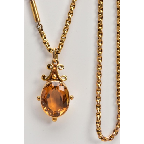 6 - AN EARLY 19TH CENTURY CHAIN AND CITRINE PENDANT, a belcher chain fitted with a push pin barrel clasp... 