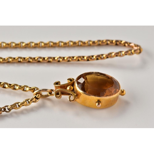 6 - AN EARLY 19TH CENTURY CHAIN AND CITRINE PENDANT, a belcher chain fitted with a push pin barrel clasp... 