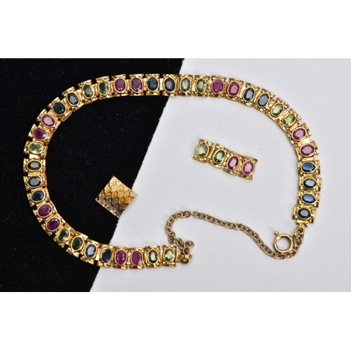 64 - A YELLOW METAL MULTI GEM SET LINE BRACELET, designed with square links each set with alternating ova... 