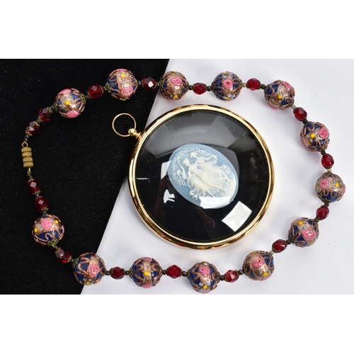 67 - A VENETIAN GLASS BEAD NECKLACE AND A FRAMED THREE GRACES CAMEO, the necklace fitted with thirteen bl... 