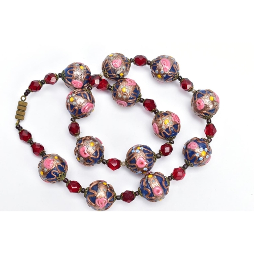 67 - A VENETIAN GLASS BEAD NECKLACE AND A FRAMED THREE GRACES CAMEO, the necklace fitted with thirteen bl... 