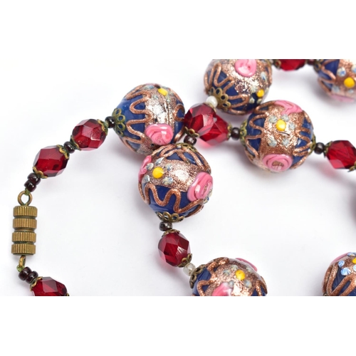 67 - A VENETIAN GLASS BEAD NECKLACE AND A FRAMED THREE GRACES CAMEO, the necklace fitted with thirteen bl... 