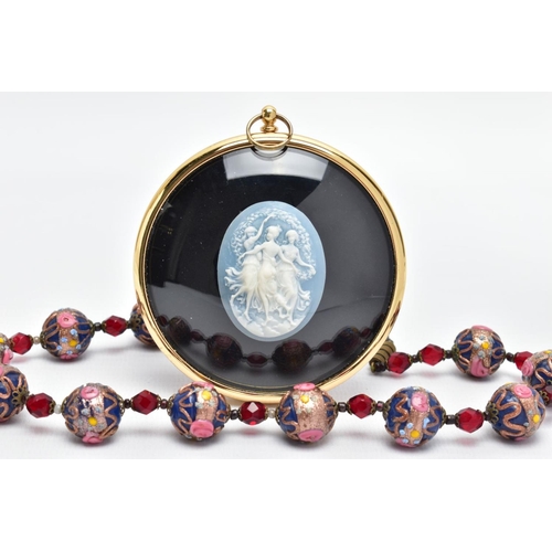 67 - A VENETIAN GLASS BEAD NECKLACE AND A FRAMED THREE GRACES CAMEO, the necklace fitted with thirteen bl... 