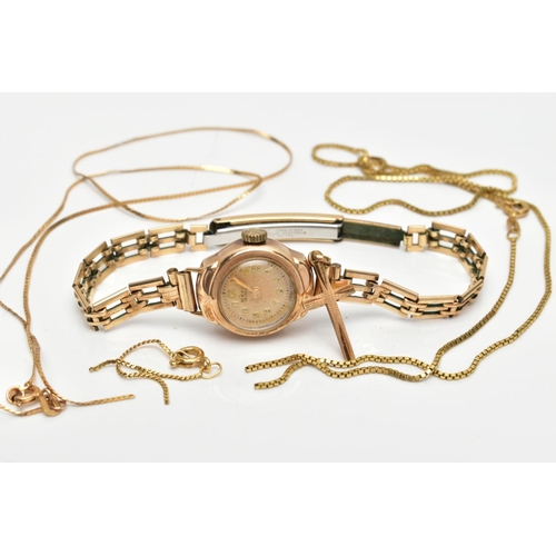 68 - A LADYS 'HEFIK' WRISTWATCH, A 9CT GOLD PENDANT AND BROKEN CHAINS, the lady's wristwatch with a round... 