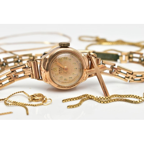 68 - A LADYS 'HEFIK' WRISTWATCH, A 9CT GOLD PENDANT AND BROKEN CHAINS, the lady's wristwatch with a round... 