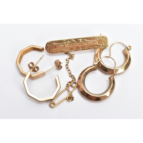 70 - A YELLOW METAL SWEETHEART BROOCH AND TWO PAIRS OF HOOP EARRINGS, the brooch of a rounded rectangular... 