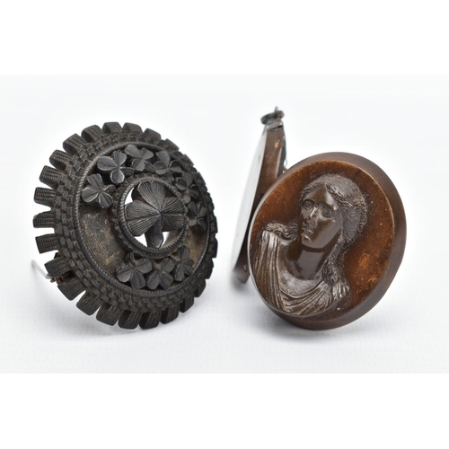 71 - A JET BROOCH AND A VULCANITE PENDANT, the jet brooch of a circular form, decorated with carved shamr... 