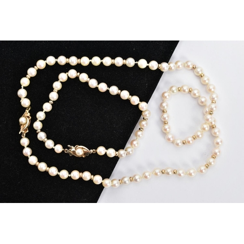 74 - A CULTURED PEARL NECKLACE AND BRACELET, a white cultured pearl necklace, approximate pearl diameter ... 