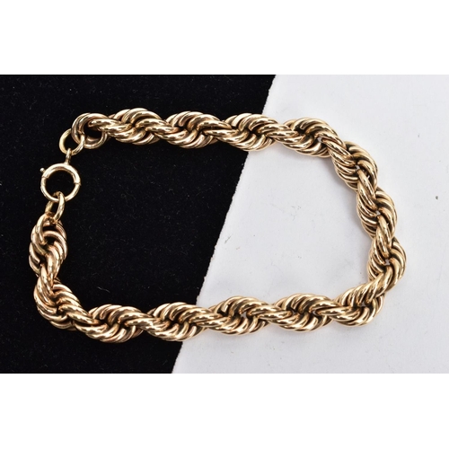 78 - A 9CT GOLD ROPE CHAIN BRACELET, a heavy rope chain, approximate width 8mm, fitted with a spring clas... 