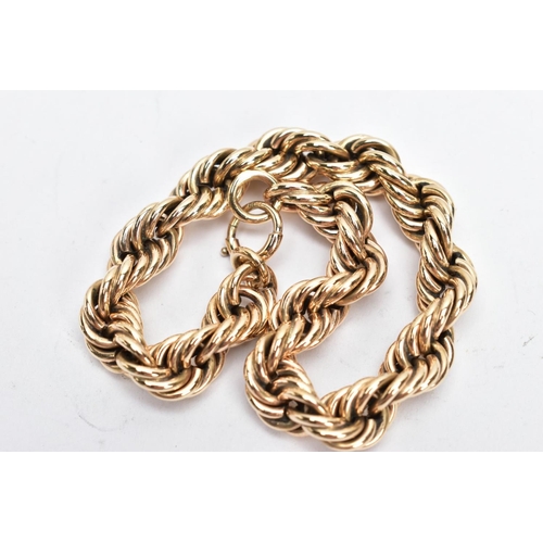 78 - A 9CT GOLD ROPE CHAIN BRACELET, a heavy rope chain, approximate width 8mm, fitted with a spring clas... 