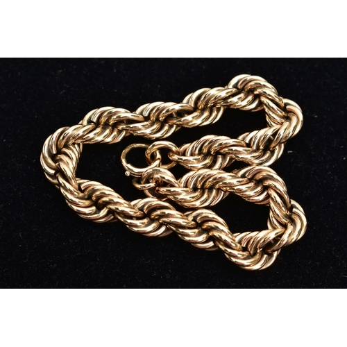 78 - A 9CT GOLD ROPE CHAIN BRACELET, a heavy rope chain, approximate width 8mm, fitted with a spring clas... 