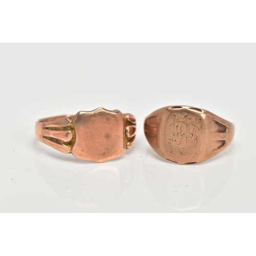 8 - TWO 9CT GOLD SIGNET RINGS, a rose gold shield shaped signet ring with tapered shoulders, approximate... 