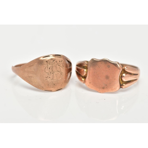 8 - TWO 9CT GOLD SIGNET RINGS, a rose gold shield shaped signet ring with tapered shoulders, approximate... 