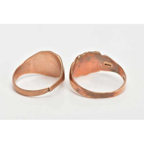 8 - TWO 9CT GOLD SIGNET RINGS, a rose gold shield shaped signet ring with tapered shoulders, approximate... 