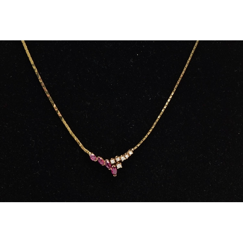 80 - A RUBY AND DIAMOND COLLAR NECKLACE, a yellow metal flat link chain leading onto four graduating marq... 