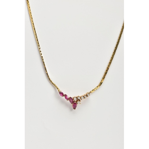 80 - A RUBY AND DIAMOND COLLAR NECKLACE, a yellow metal flat link chain leading onto four graduating marq... 