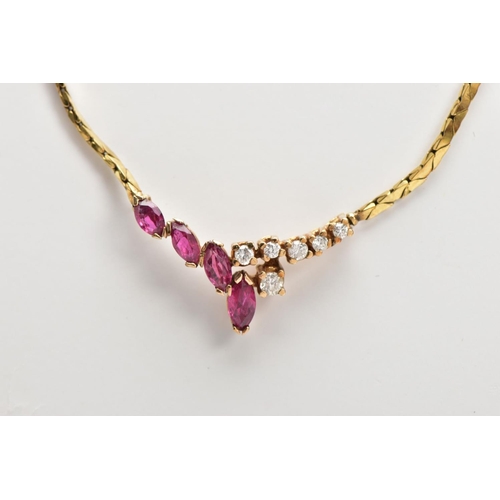 80 - A RUBY AND DIAMOND COLLAR NECKLACE, a yellow metal flat link chain leading onto four graduating marq... 