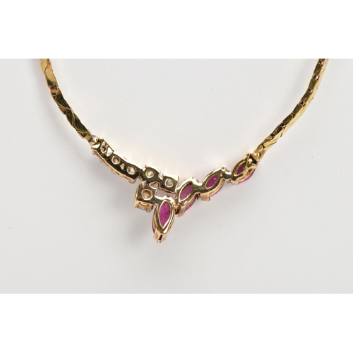 80 - A RUBY AND DIAMOND COLLAR NECKLACE, a yellow metal flat link chain leading onto four graduating marq... 