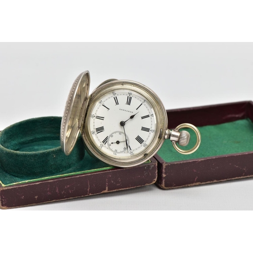 85 - A 'LONGINES' FULL HUNTER POCKET WATCH, round white dial signed 'Longines', Roman numerals, outer Ara... 