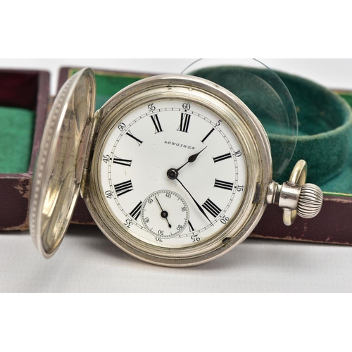 85 - A 'LONGINES' FULL HUNTER POCKET WATCH, round white dial signed 'Longines', Roman numerals, outer Ara... 