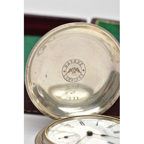 85 - A 'LONGINES' FULL HUNTER POCKET WATCH, round white dial signed 'Longines', Roman numerals, outer Ara... 