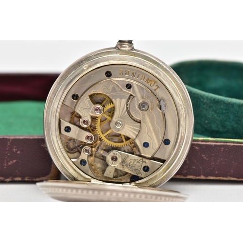 85 - A 'LONGINES' FULL HUNTER POCKET WATCH, round white dial signed 'Longines', Roman numerals, outer Ara... 