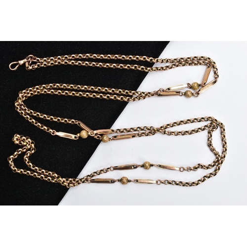 87 - A 9CT GOLD GUARD CHAIN, belcher link chain, one link stamped 9ct, interspaced with elongated bar lin... 