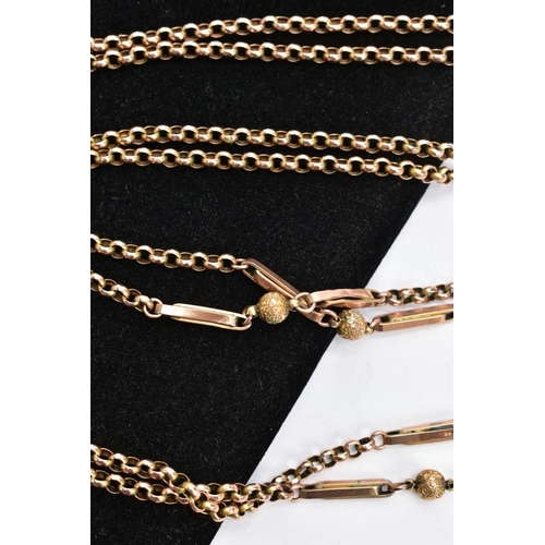 87 - A 9CT GOLD GUARD CHAIN, belcher link chain, one link stamped 9ct, interspaced with elongated bar lin... 