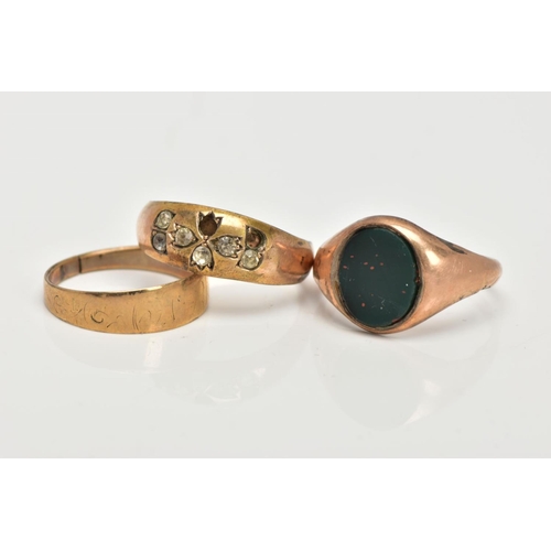 9 - THREE RINGS SCRAP CONDITION, an oval bloodstone signet ring, stamped 9ct, a domed ring set with colo... 