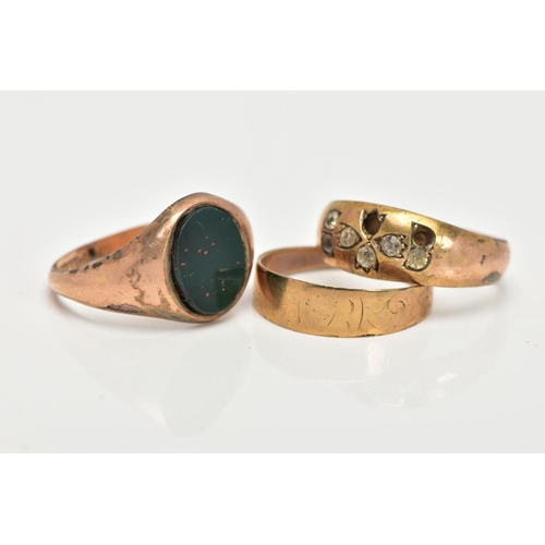 9 - THREE RINGS SCRAP CONDITION, an oval bloodstone signet ring, stamped 9ct, a domed ring set with colo... 