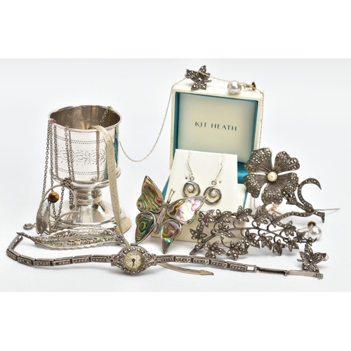 95 - A SELECTION OF SILVER AND WHITE METAL JEWELLERY, AND A BROKEN YELLOW METAL CHAIN, to include a broke... 