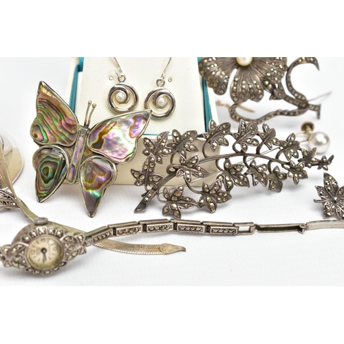 95 - A SELECTION OF SILVER AND WHITE METAL JEWELLERY, AND A BROKEN YELLOW METAL CHAIN, to include a broke... 