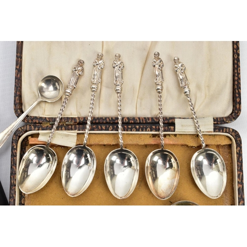 98 - AN ASSORTMENT OF SILVER SPOONS AND SUGAR TONGS, to include a set of six teaspoons with apostles to e... 